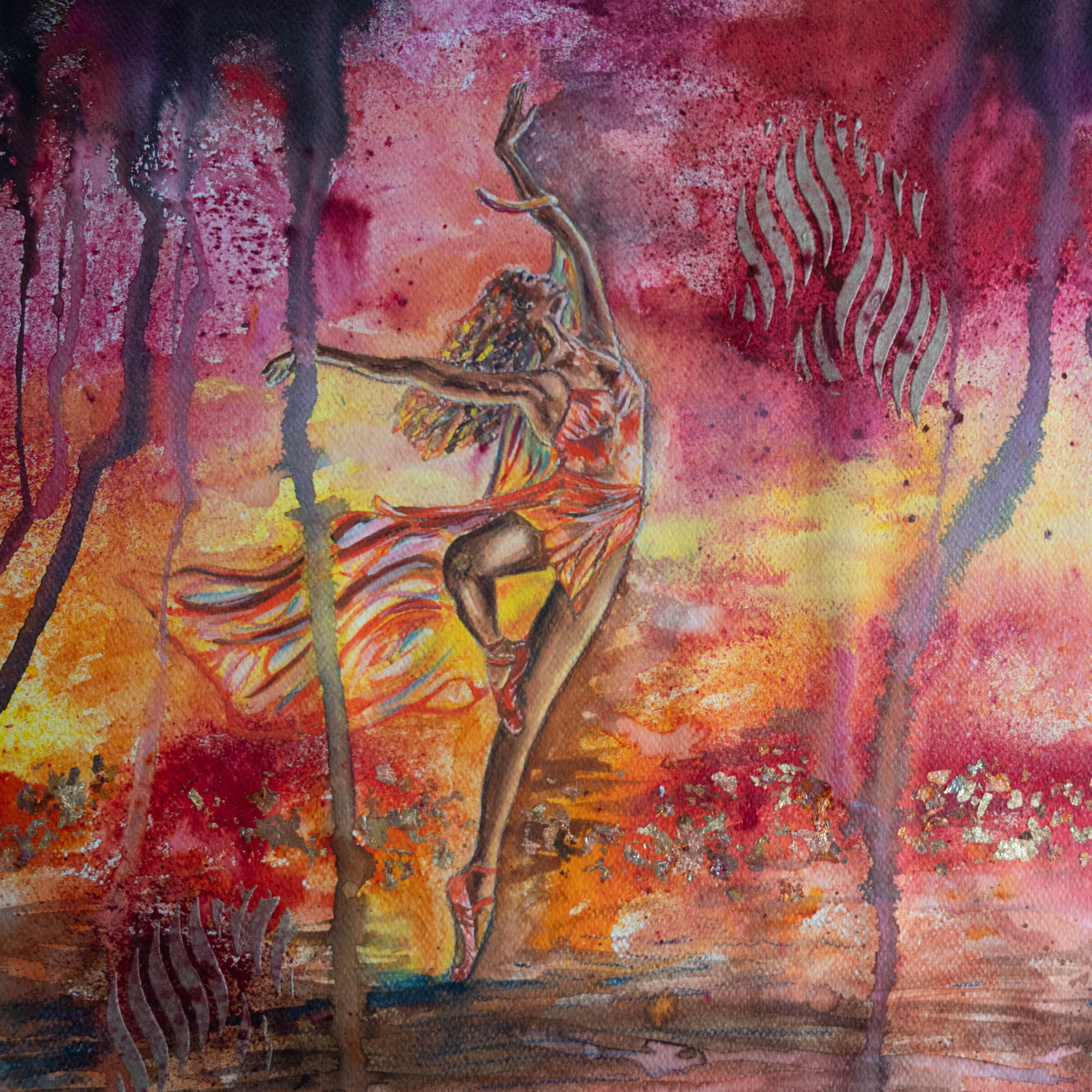 Painting of woman dancing among flames