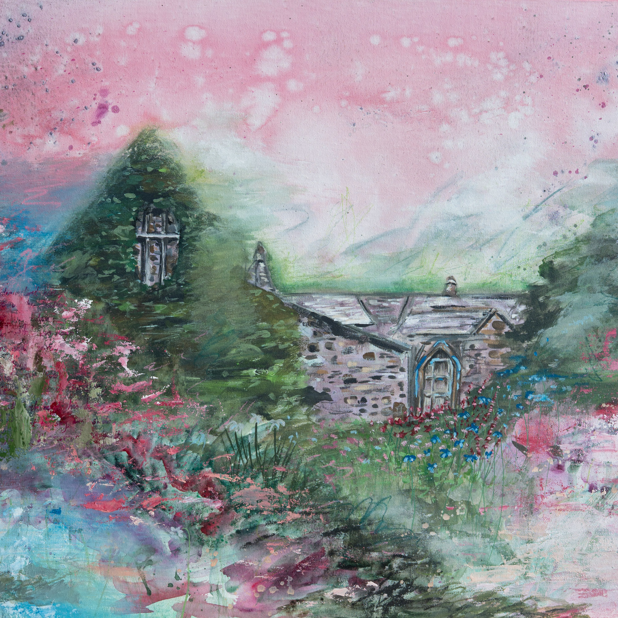 A pretty painting of a gardener's cottage in a garden full of flowers. The colours are pink and green.