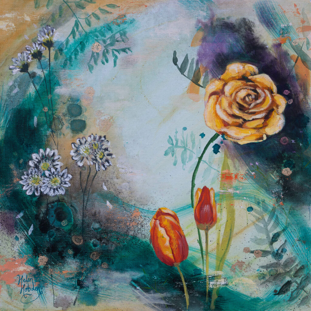 Abstract floral painting of tulips and a yellow rose