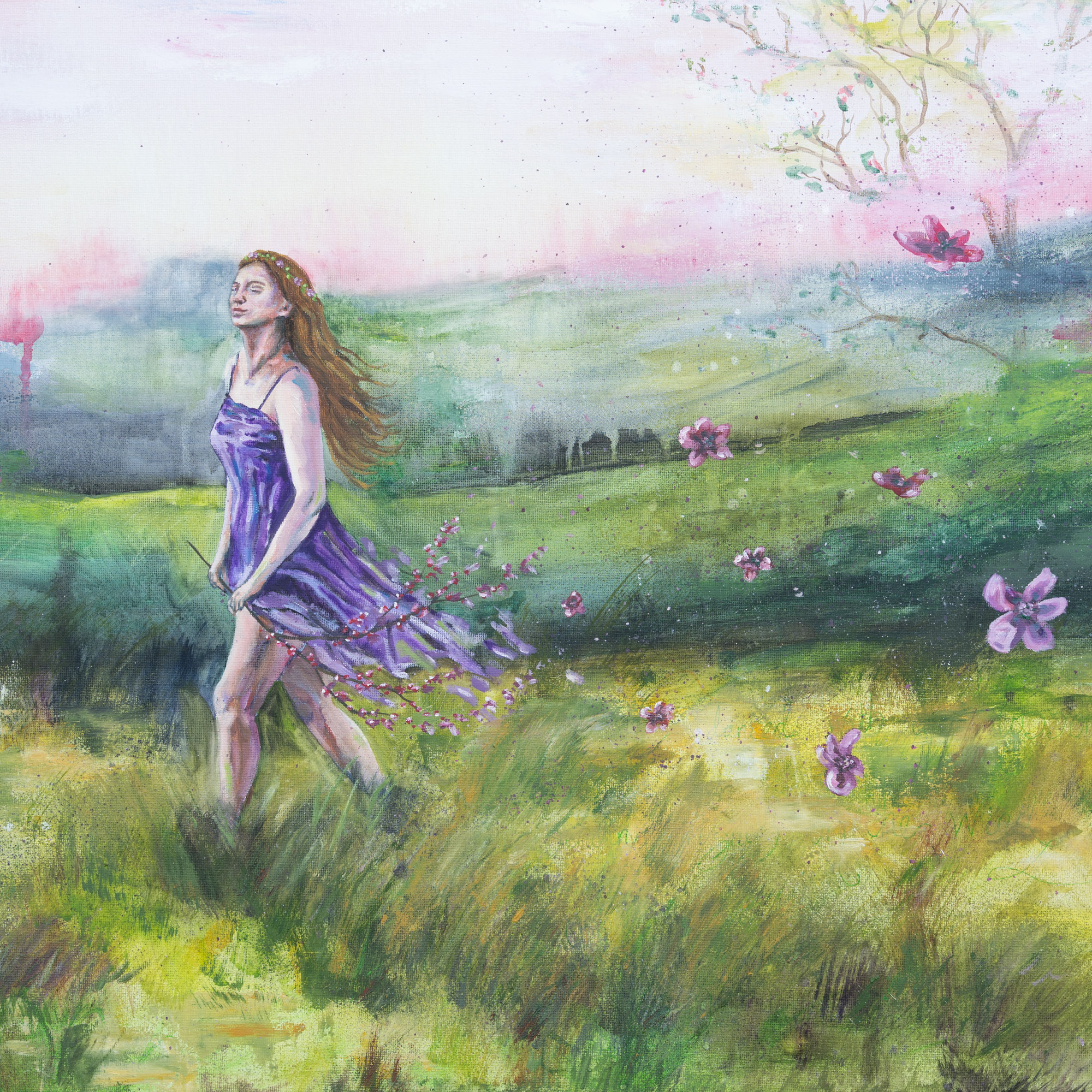 Fairy tale art. Painting of a woman dancing with blossom