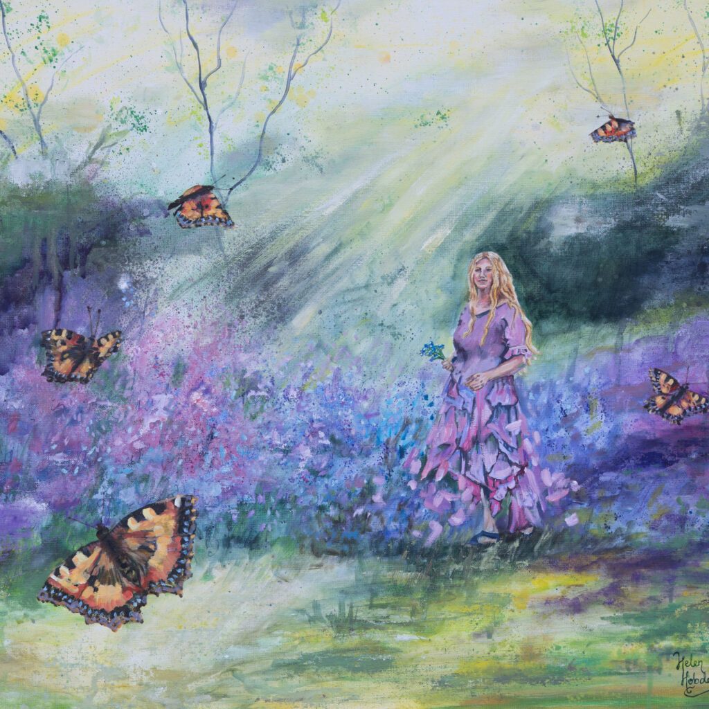 Fairytale painting with a woman in magical bluebell woods.