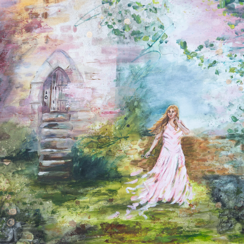 Fairytale painting of a woman in a white dress by a castle