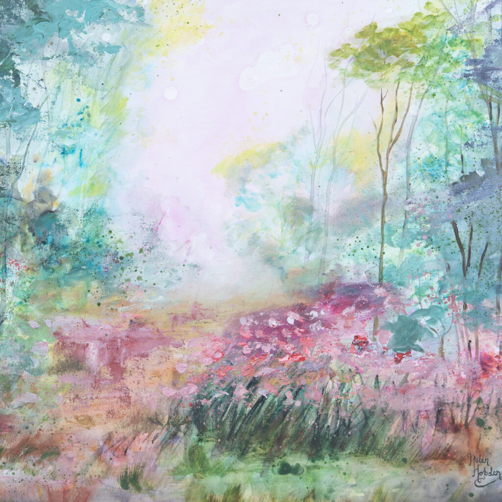 Beautiful semi abstract landscape painting of green woodland and pink flowers.