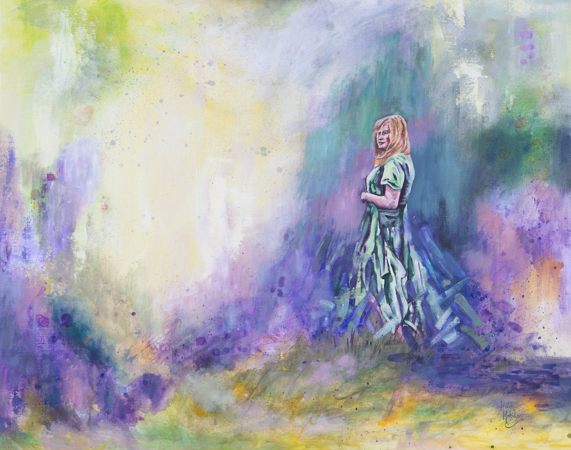A semi abstract oil painting with a figure of a woman in a fairytale dress. The colours are green, purple and yellow.