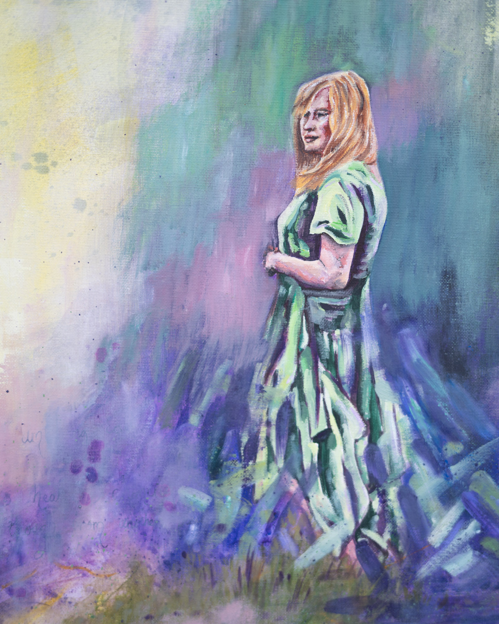 A semi abstract oil painting with a figure of a woman in a fairytale dress. The colours are green, purple and yellow.