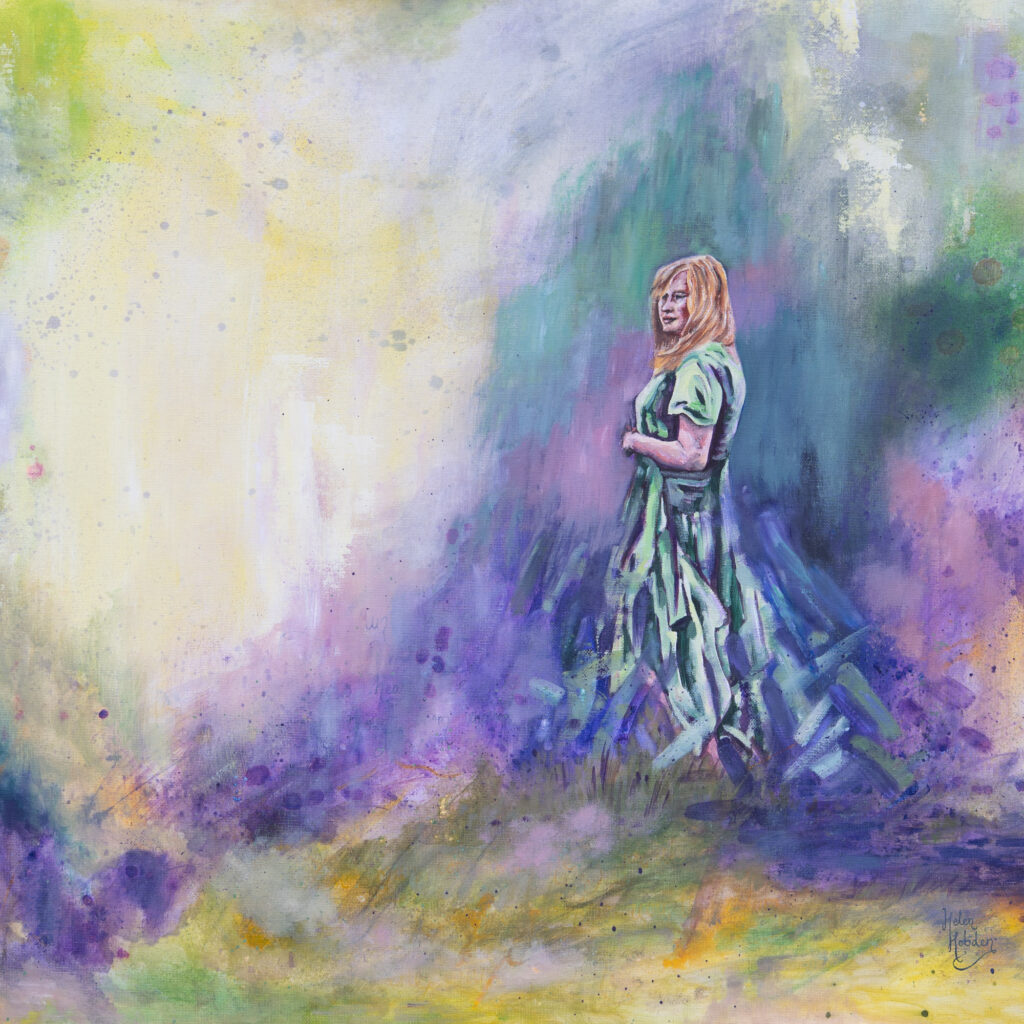A semi abstract oil painting with a figure of a woman in a fairytale dress. The colours are green, purple and yellow.
