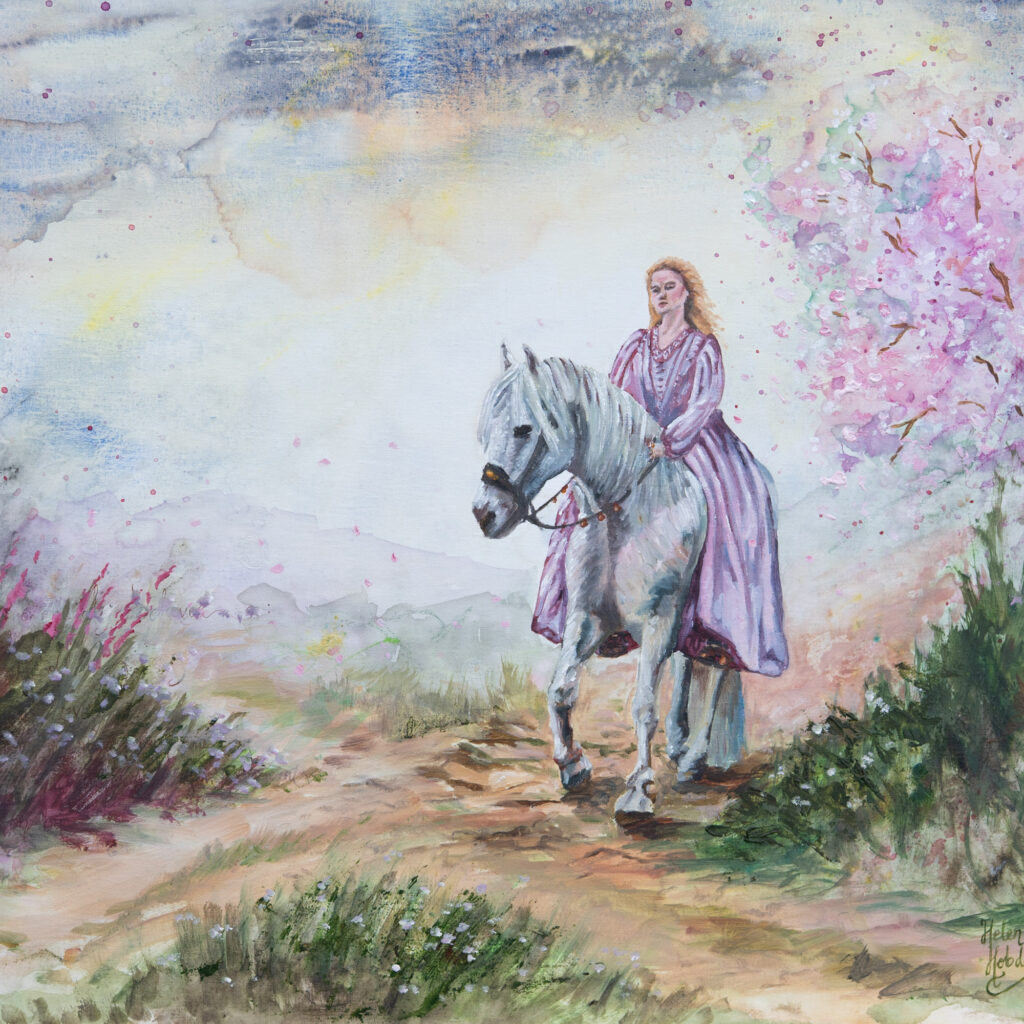 Oil painting of a woman riding a white horse in a spring landscape