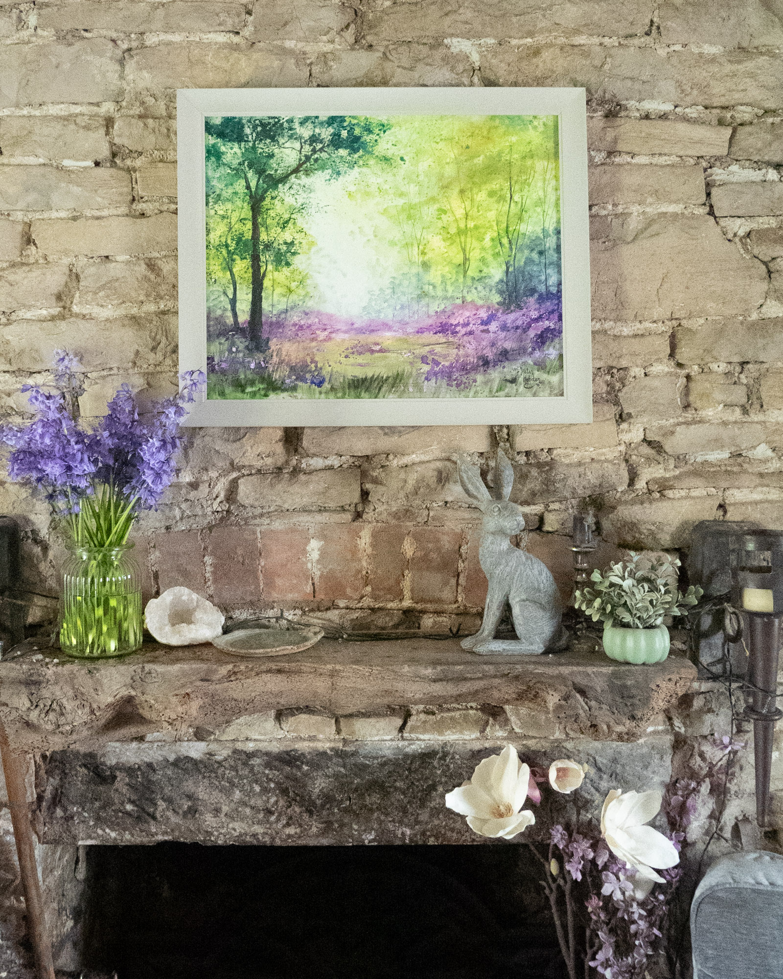 Green and purple semi abstract landscape painting of bluebell woods