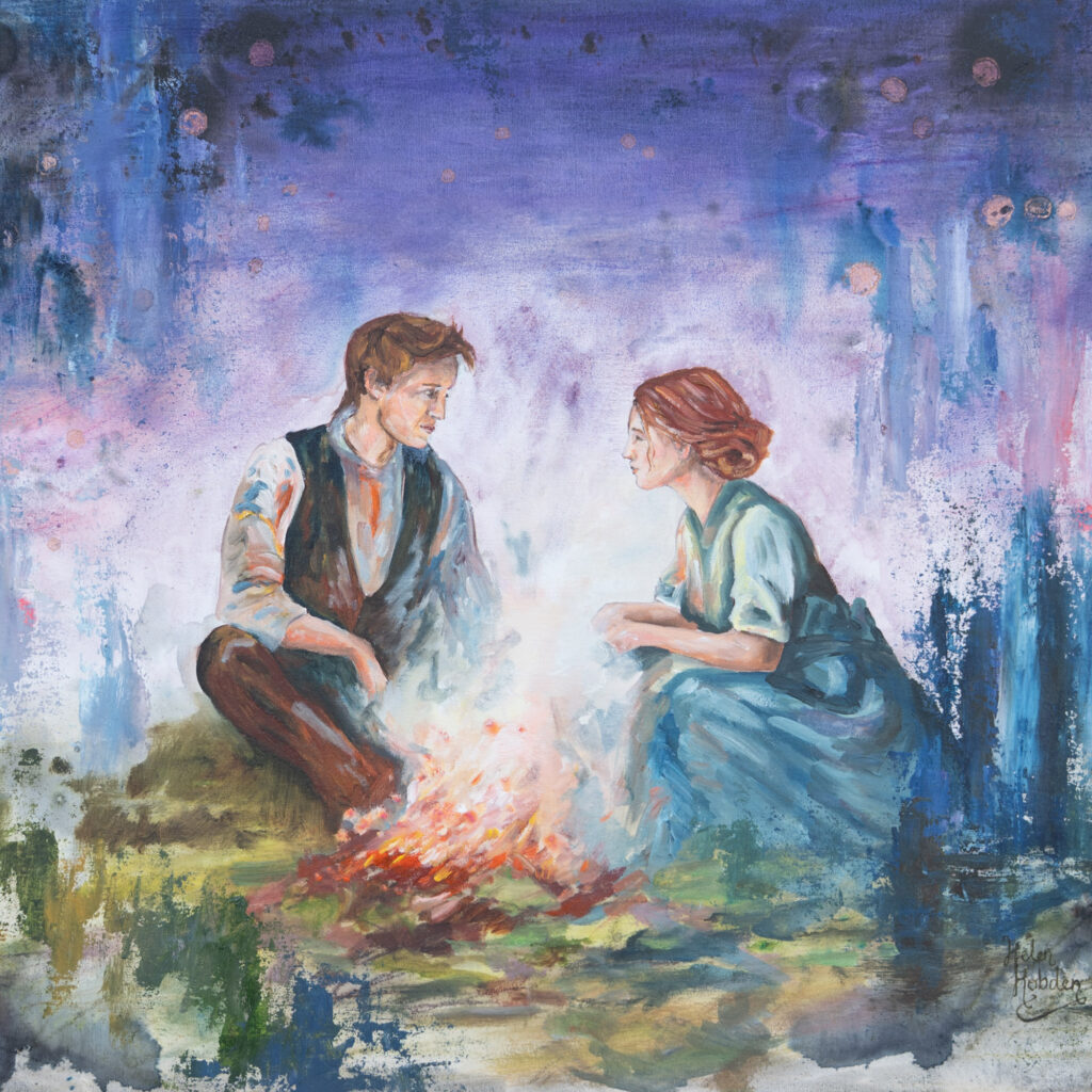 A painting of a couple sitting by an open fire and talking. It is blue, violet and green and feels like it's from a fairytale.