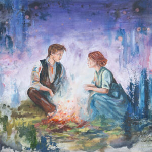 A painting of a couple sitting by an open fire and talking. It is blue, violet and green and feels like it's from a fairytale.