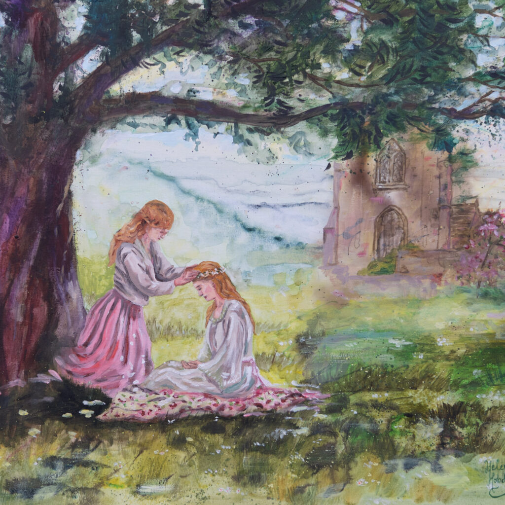 A contemporary painting of two women under a tree. One is placing a daisy chain hair garland on the other's head. A church is in the distance and the colours are green and pink.
