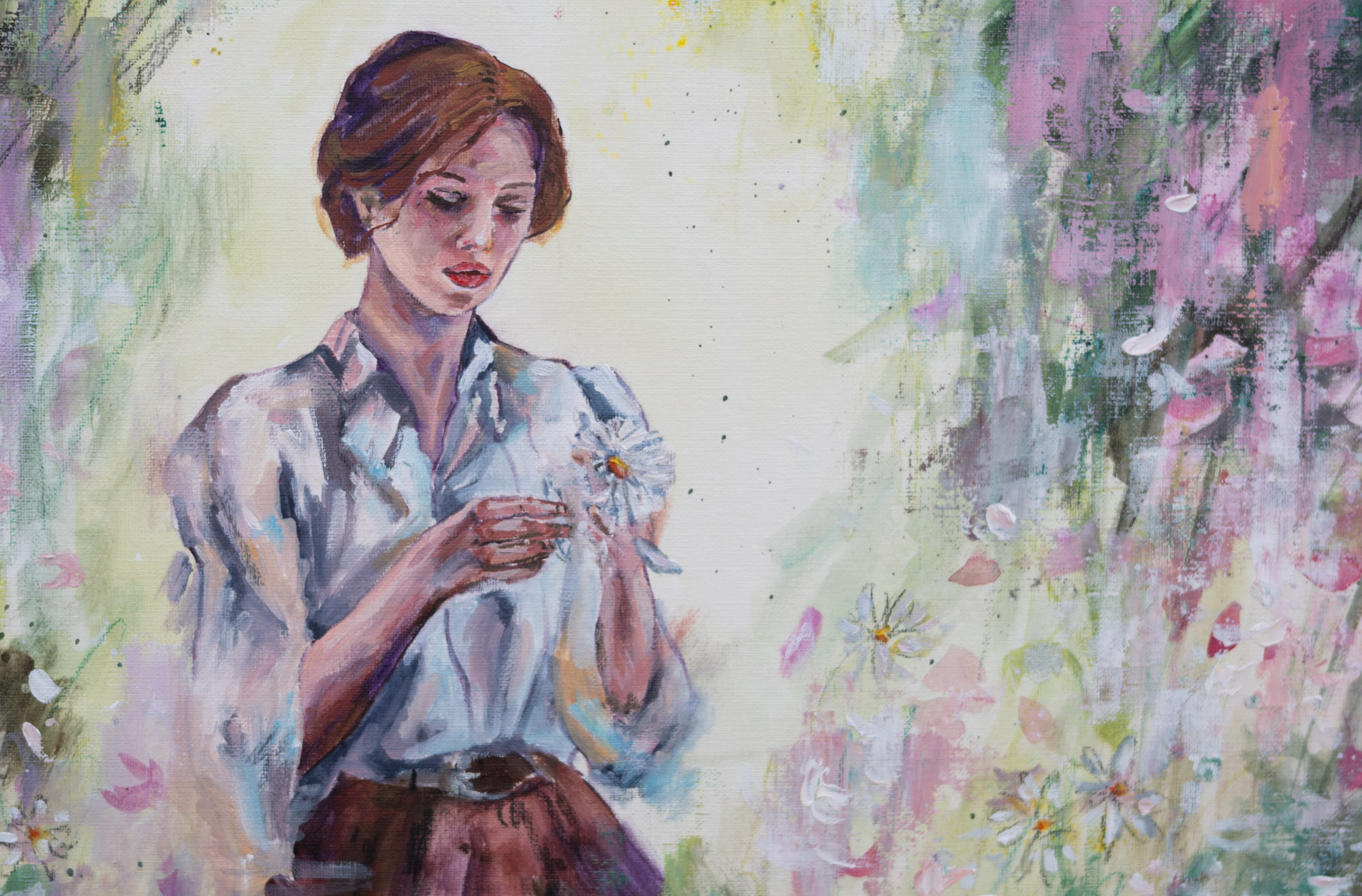 A romantic painting of a woman picking petals from a daisy. Soft pastel pink and green.