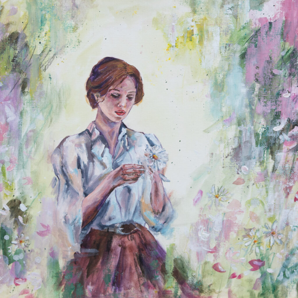 A romantic painting of a woman picking petals from a daisy. Soft pastel pink and green.