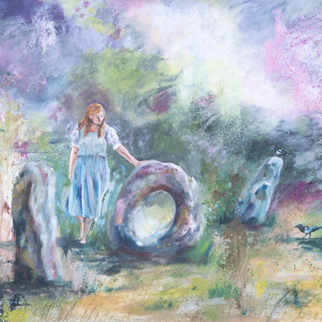 A folktale painting of a woman standing next to ancient standing stones. The colours are green, blue and pink.