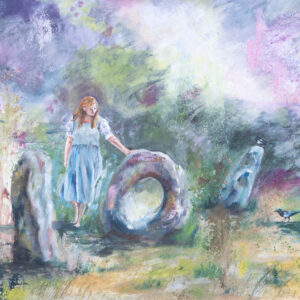 A folktale painting of a woman standing next to ancient standing stones. The colours are green, blue and pink.
