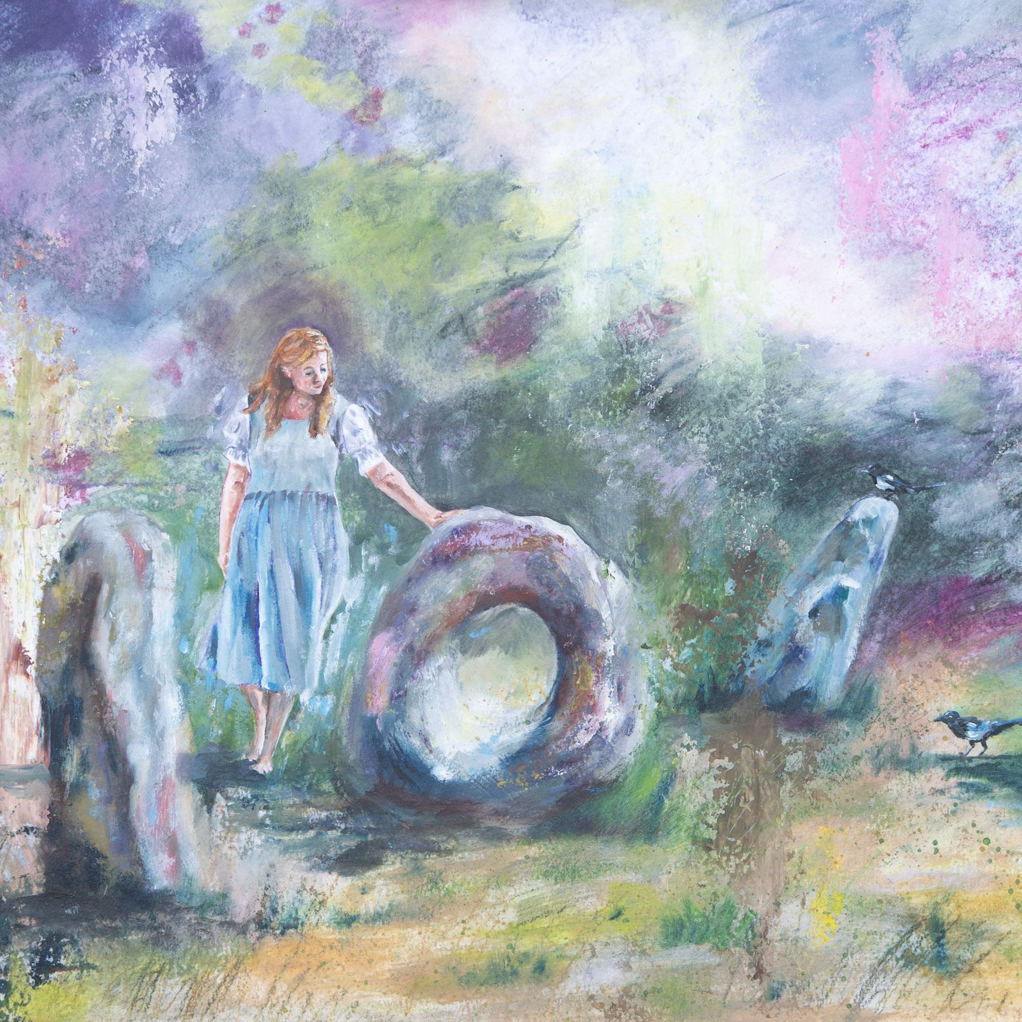 A folktale painting of a woman standing next to ancient standing stones. The colours are green, blue and pink.