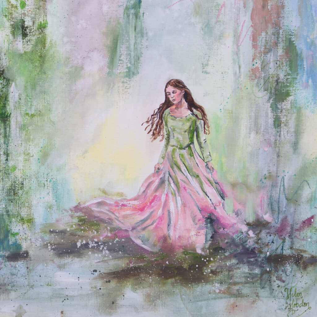 A pink and green painting of a fairytale woman walking in an abstract landscape.