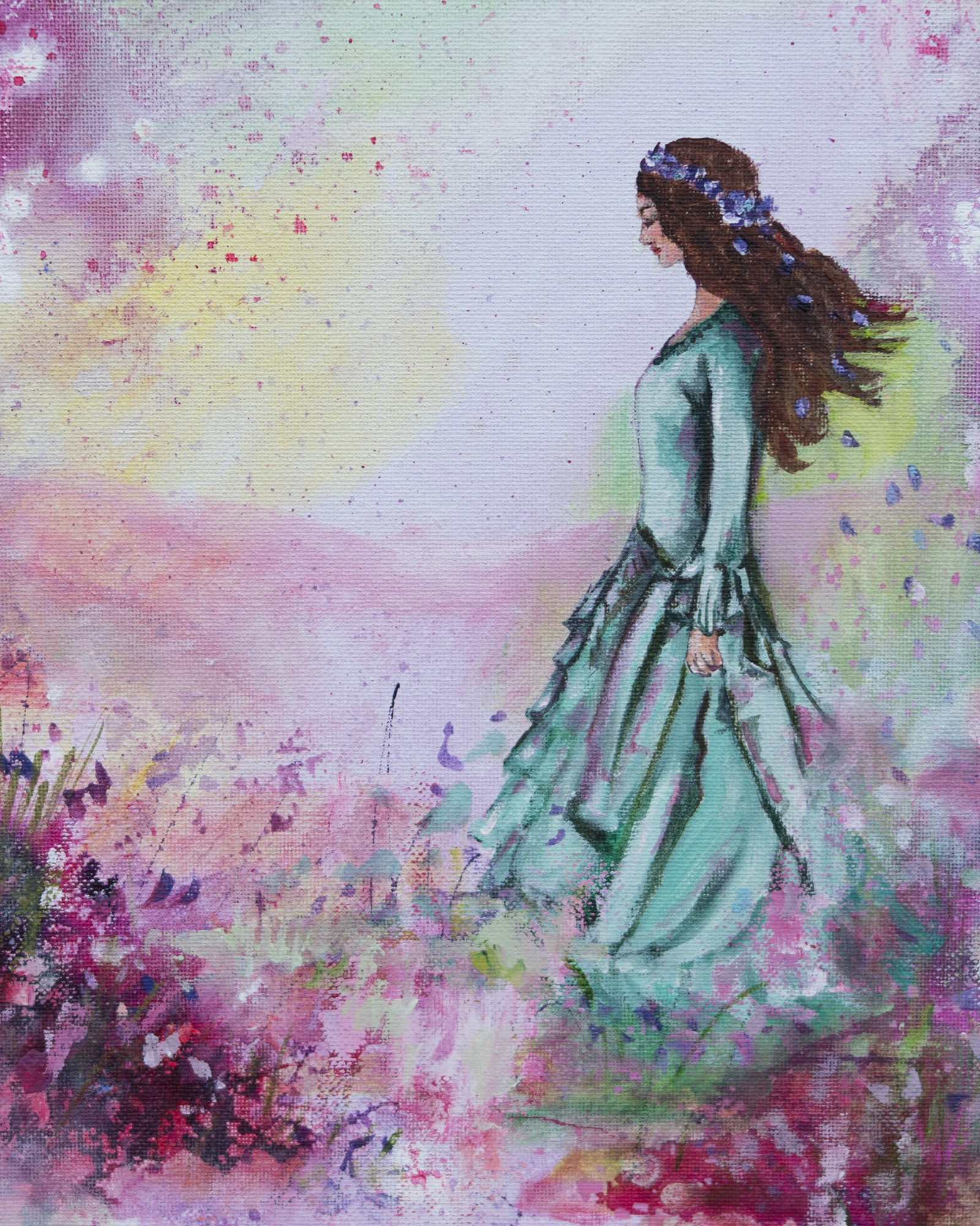 Beautiful painting of a woman in a green dress and abstract pink florals all around her.