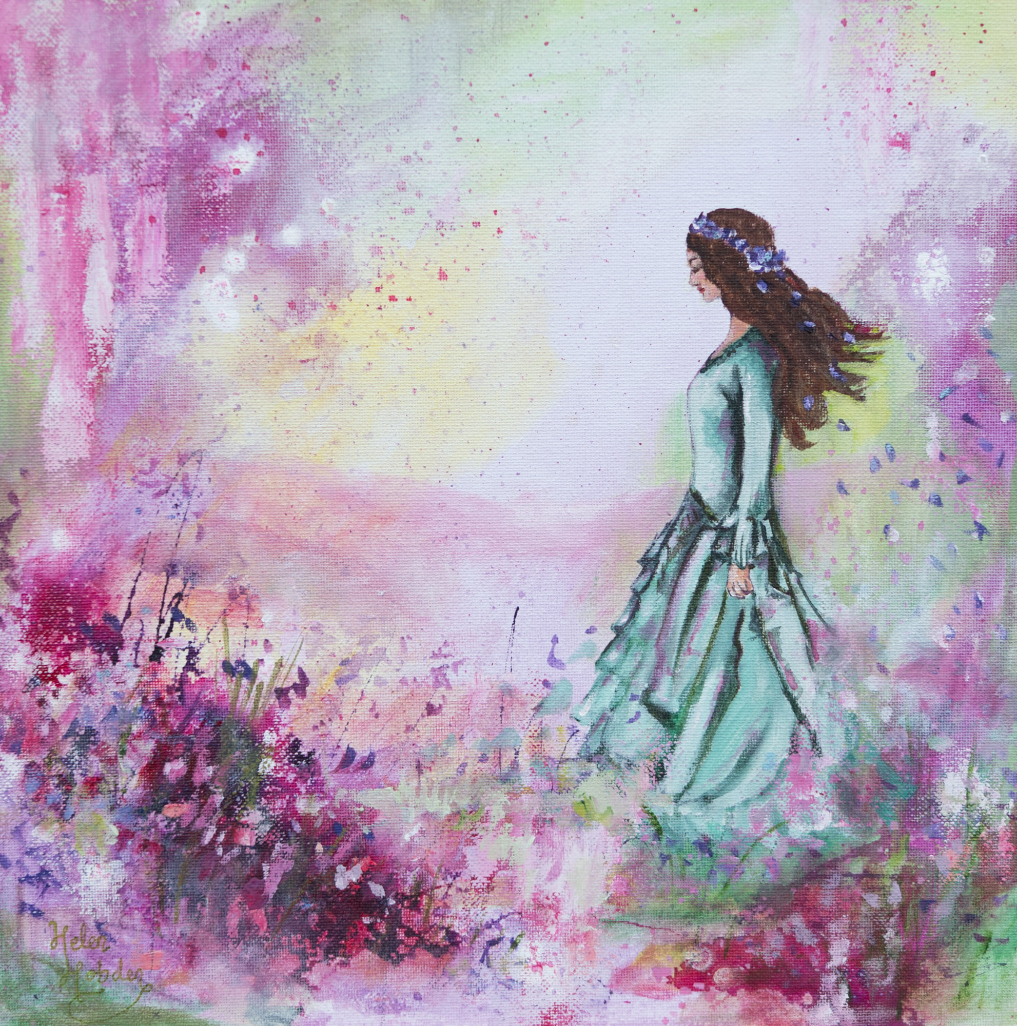 Beautiful goddess woman in a green dress with pink abstract florals around her.