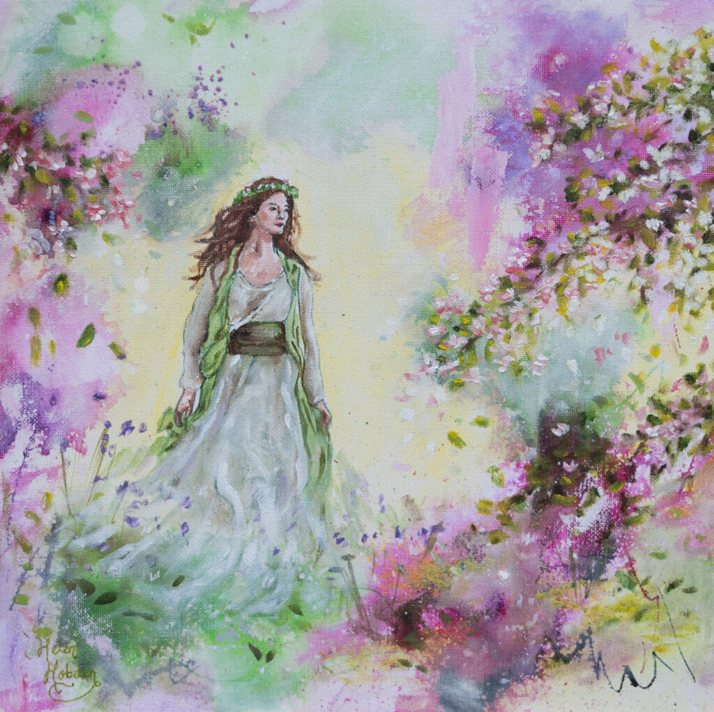 A beautiful painting of a goddess looking woman walking amongst blossom. The colours are pink, green, white and pastel yellow.