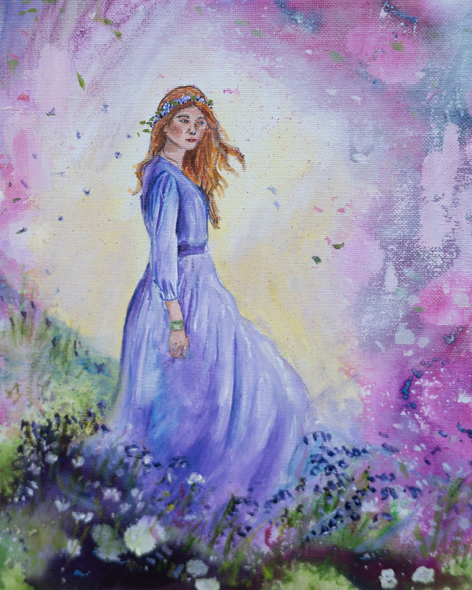 A beautiful ethereal painting of a woman in a long lilac dress with abstract flowers around her in pink and green.