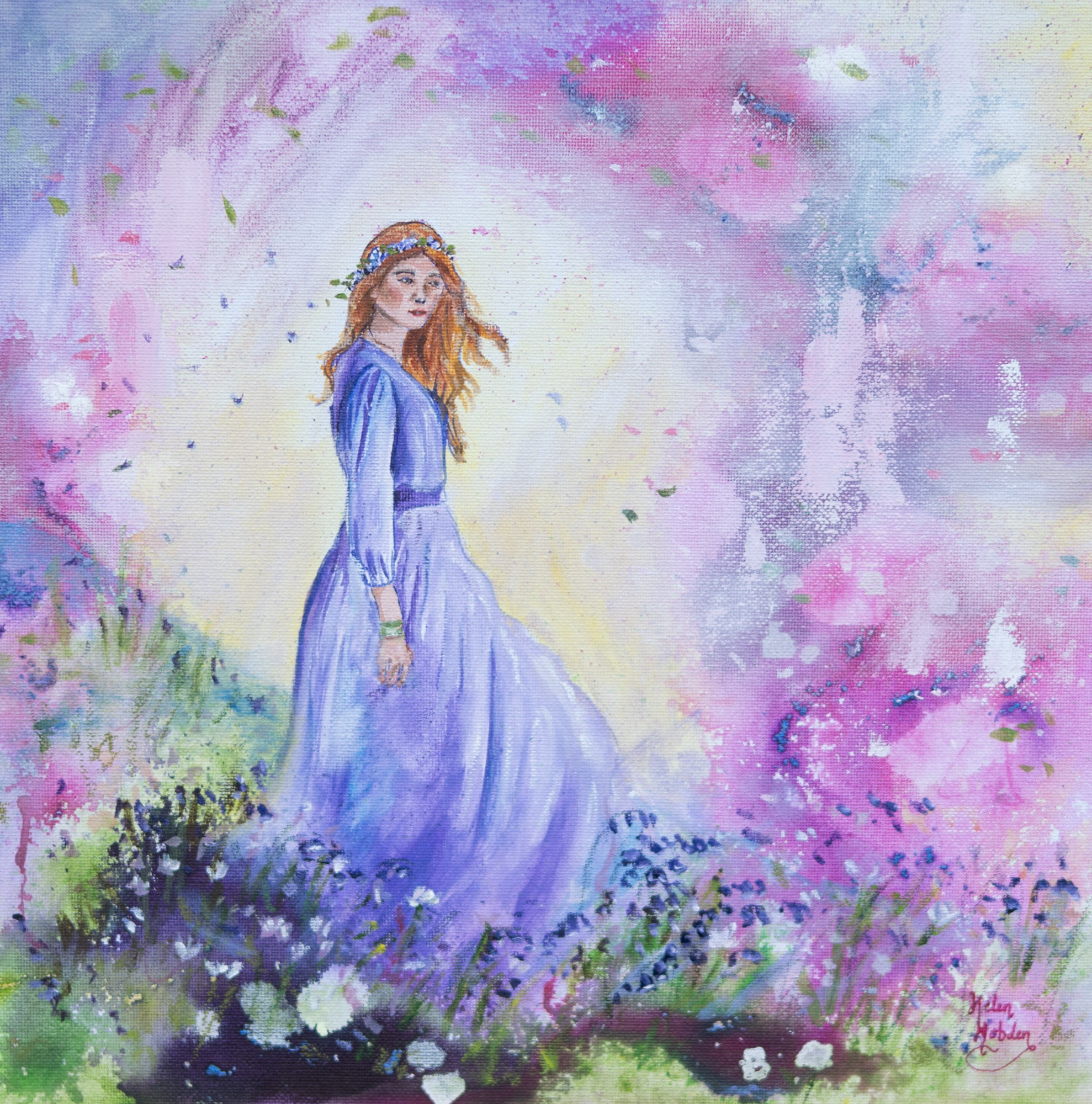 A beautiful ethereal painting of a woman in a long lilac dress with abstract flowers around her in pink and green.