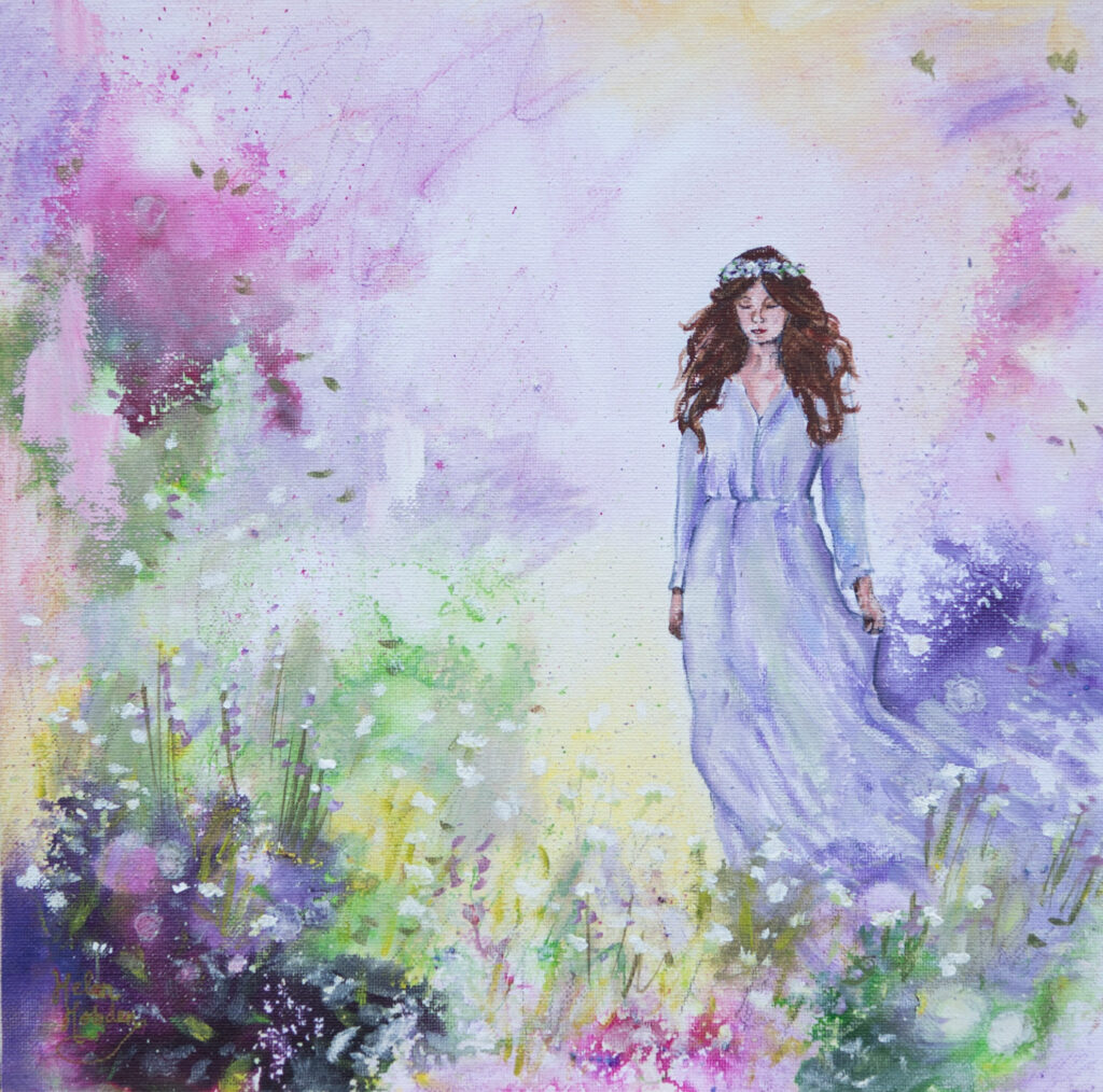 Beautiful painting of a woman in a lilac dress and abstract florals all around her.