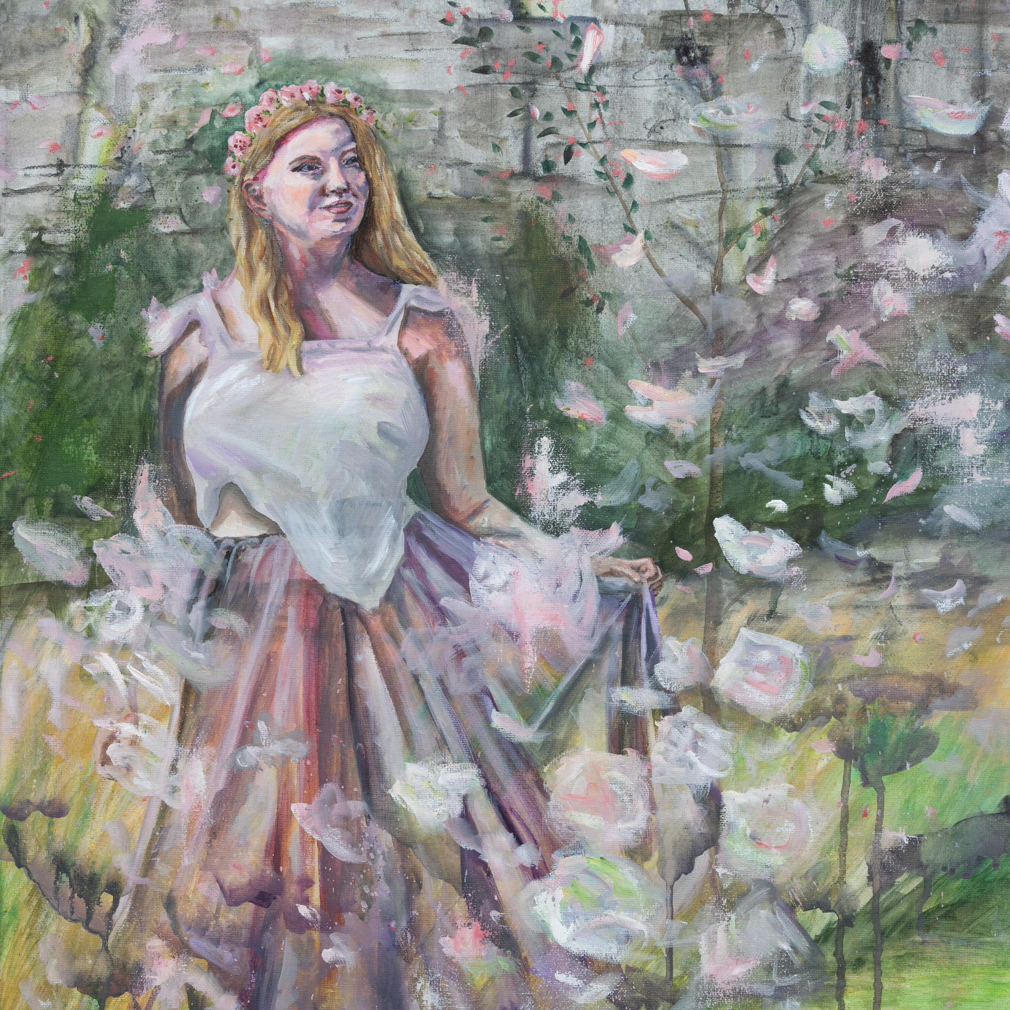 A figurative painting of a woman in white with white flowers floating around her.