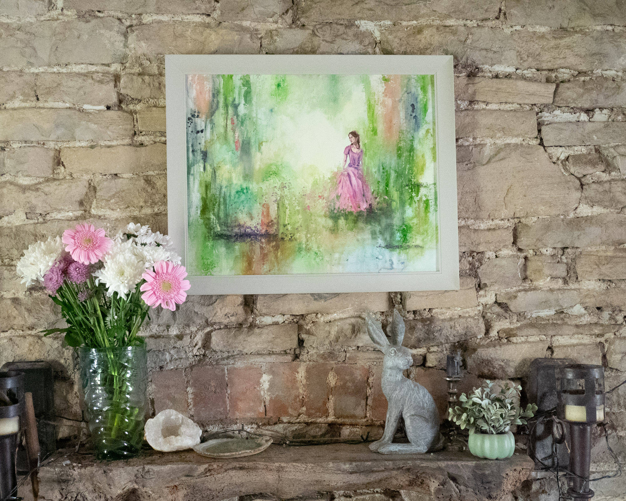 A beautiful abstract realism painting of a woman in a pink dress in an abstract woodland landscape.