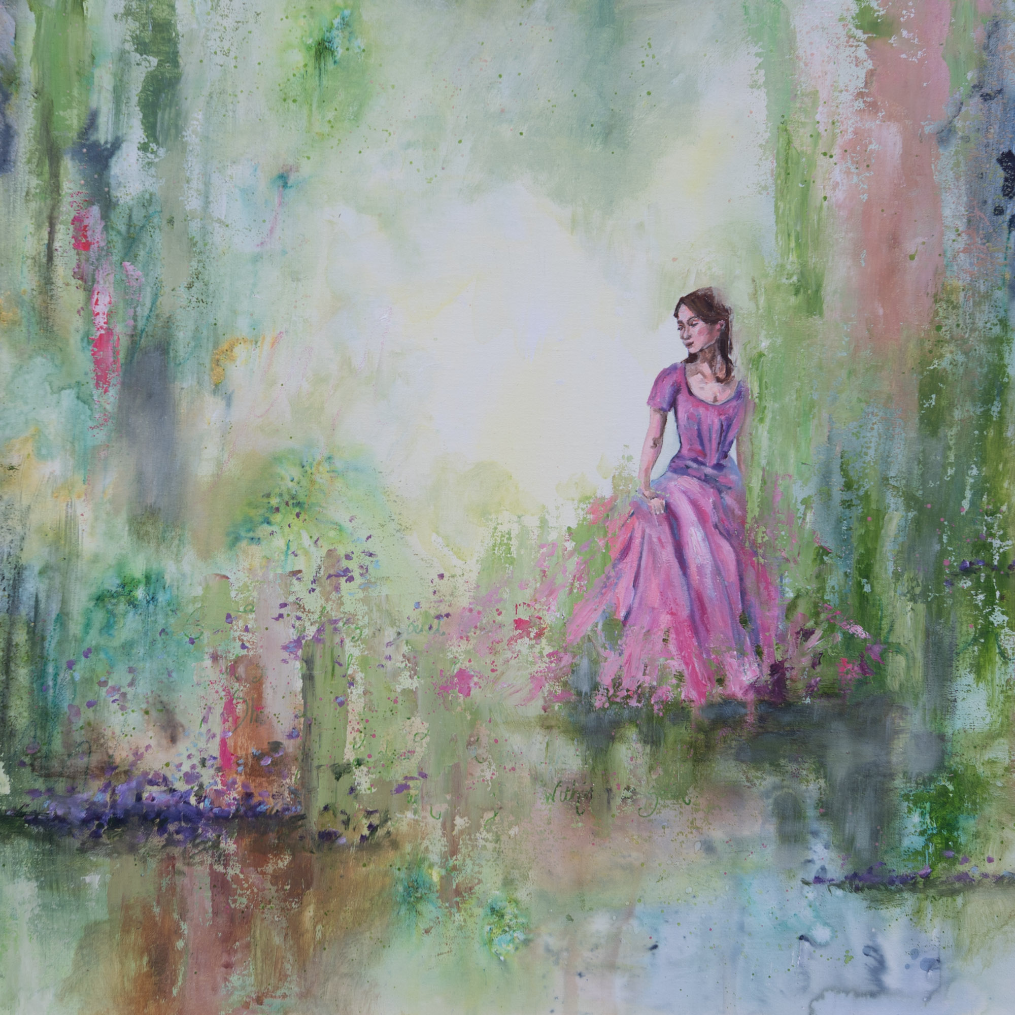A beautiful abstract realism painting of a woman in a pink dress in an abstract woodland landscape.