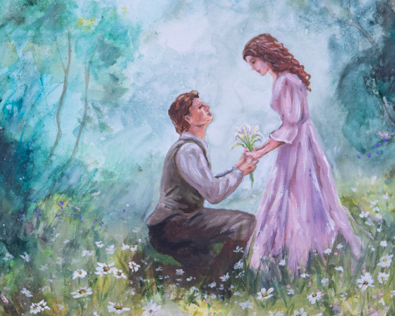A romantic painting of a man proposing to a woman and holding a bunch of lilies. They are in woodland with flowers and the colours are green and pink.