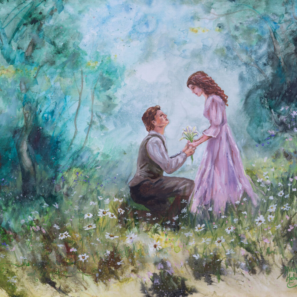 A romantic painting of a man proposing to a woman and holding a bunch of lilies. They are in woodland with flowers and the colours are green and pink.